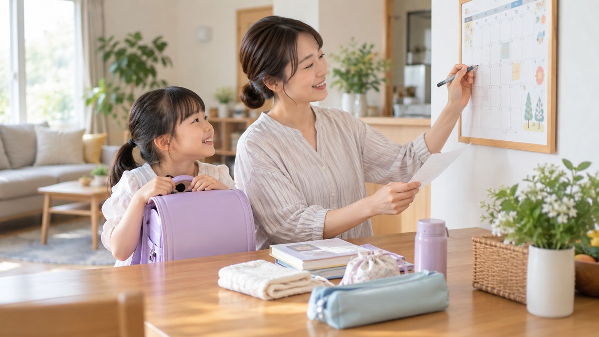 お便りから家庭の準備と予定を確認する親子のイメージ