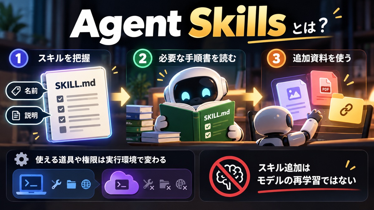 SKILL.mdを必要な段階で読み、資料と道具を使う仕組み。モデルの再学習とは区別する
