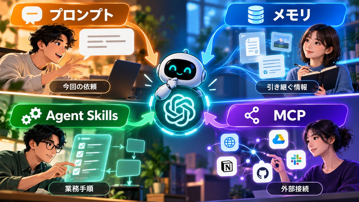 プロンプト、メモリ、Agent Skills、MCPが担当する4つの役割を組み合わせる概念図