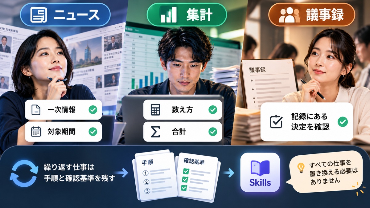 ニュース、集計、議事録で、仕事固有の手順と確認基準を残す活用例