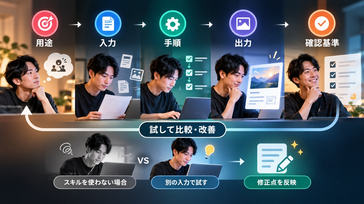 用途、入力、手順、出力、確認基準を整理し、別の入力で試して改善する流れ