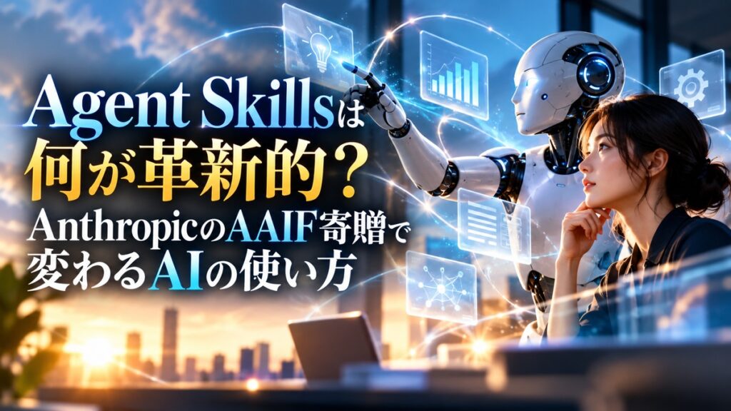 Agent Skillsの仕組みとAAIF寄贈を、人とAIの共同作業で表したアイキャッチ
