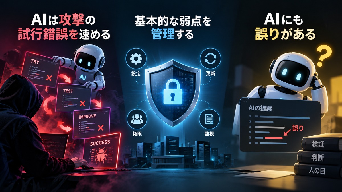 AIによる攻撃の試行錯誤、基本的な弱点の管理、AIの誤りを示す概念図