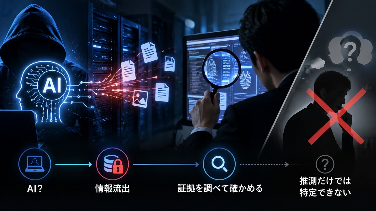 システムの情報流出へのAIの関与を、推測ではなく証拠から確かめる概念図