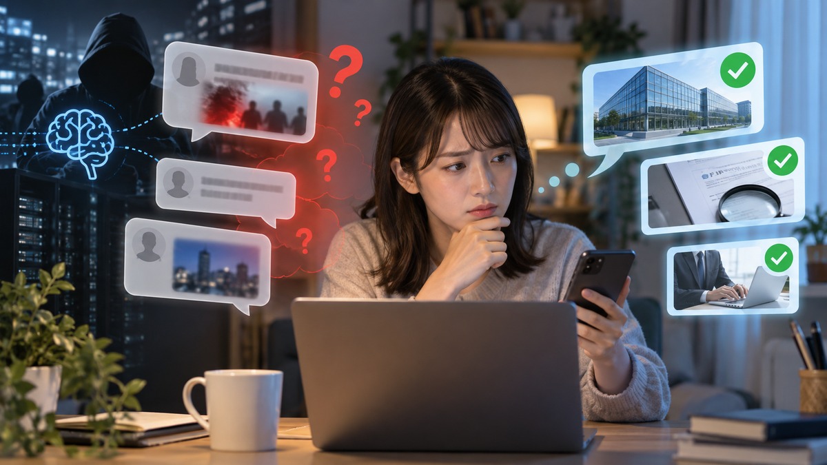 漏洩のニュースを心配する利用者が、噂と確認された情報を見分ける概念イメージ