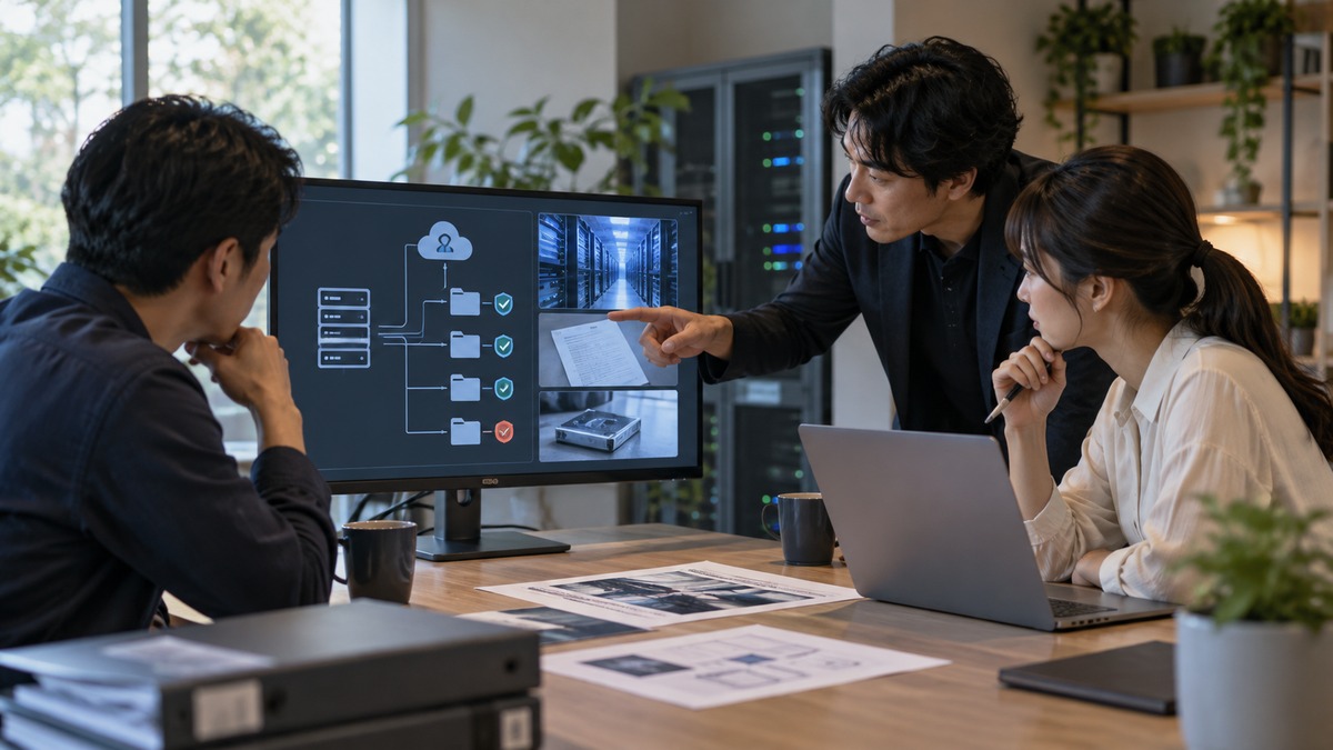 利用者と運営者が証拠を見ながらデータと権限を点検する概念イメージ