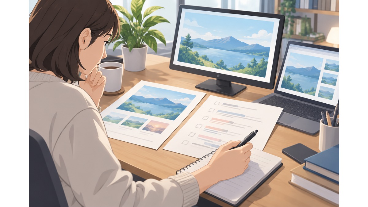成果物と修正条件を落ち着いて確認する人の概念画像