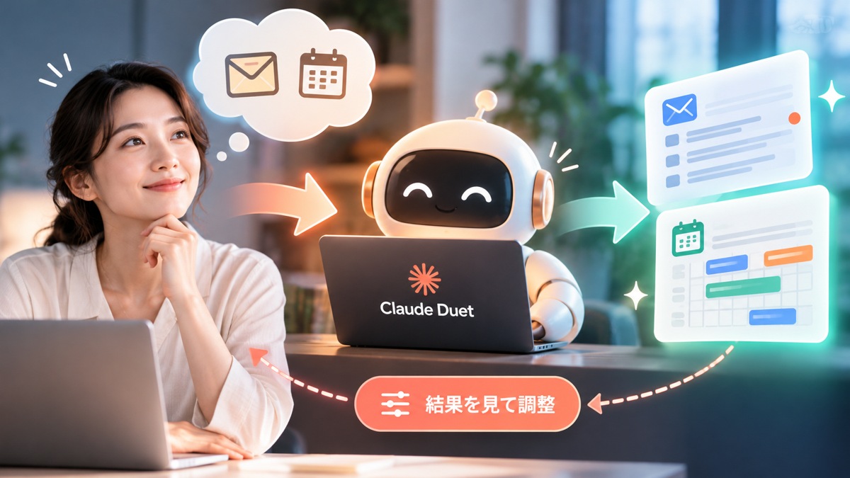 Claude Duetにメールや予定の整理を任せ、戻った結果を見て調整する概念図