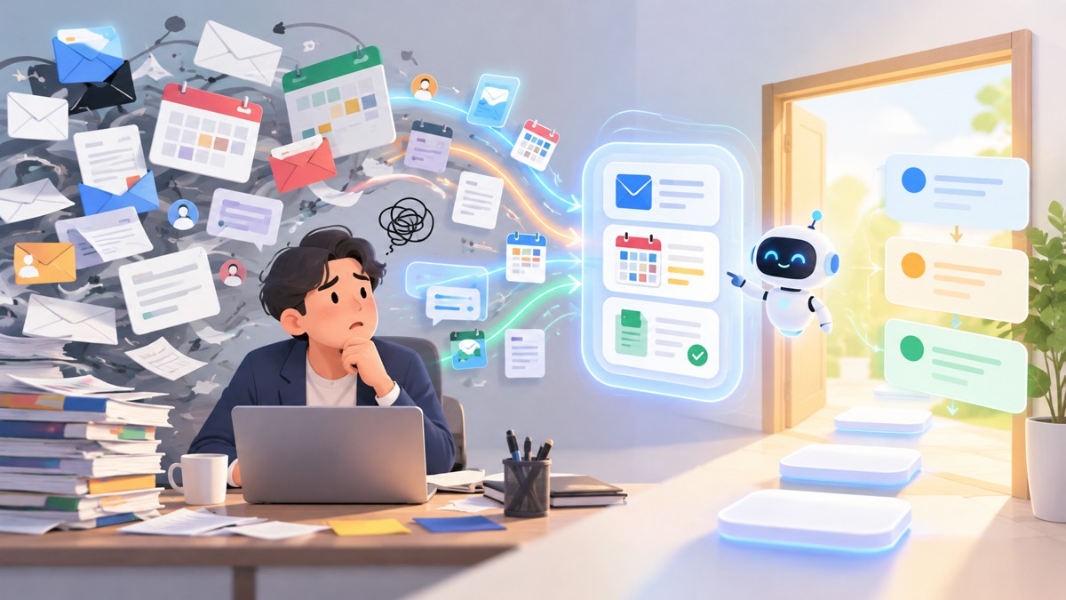 メールや予定などの情報が散らばり、AIに任せる仕事を考える人のイメージ