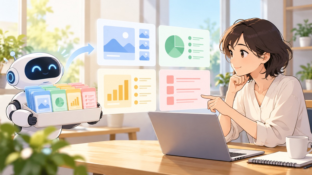 AIが準備した資料を人が確かめ、次に任せる小さな仕事を選ぶイメージ