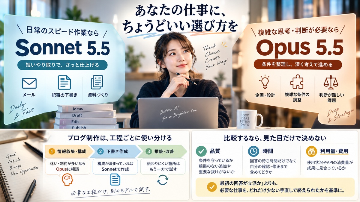 メールや資料づくりでモデルを選び、品質と時間を確かめる章画像