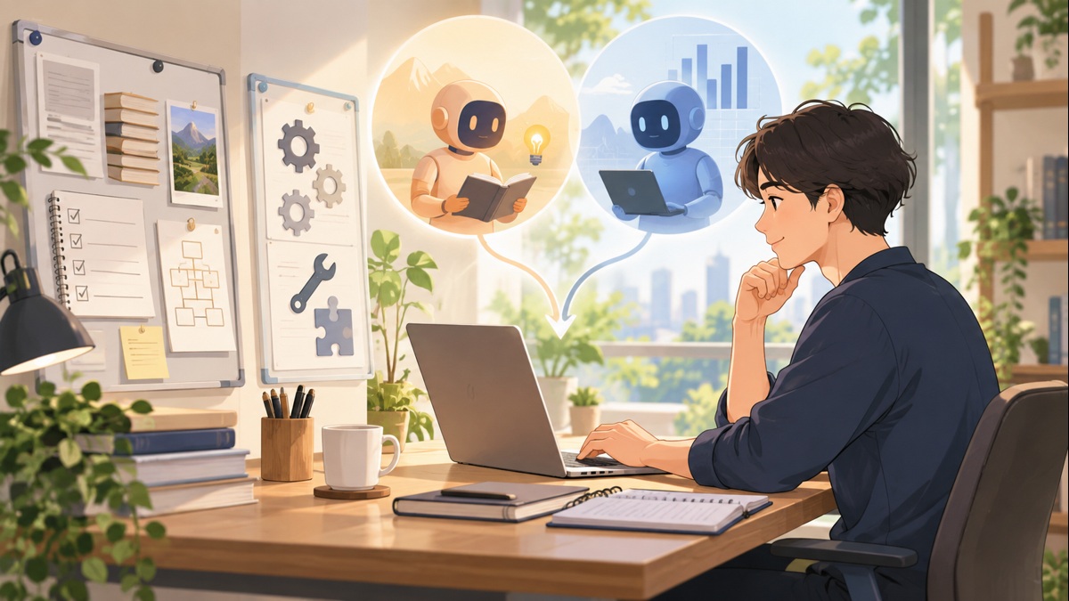 材料と完成条件を整理して、自分に合うAIで仕事を始める人の概念画像