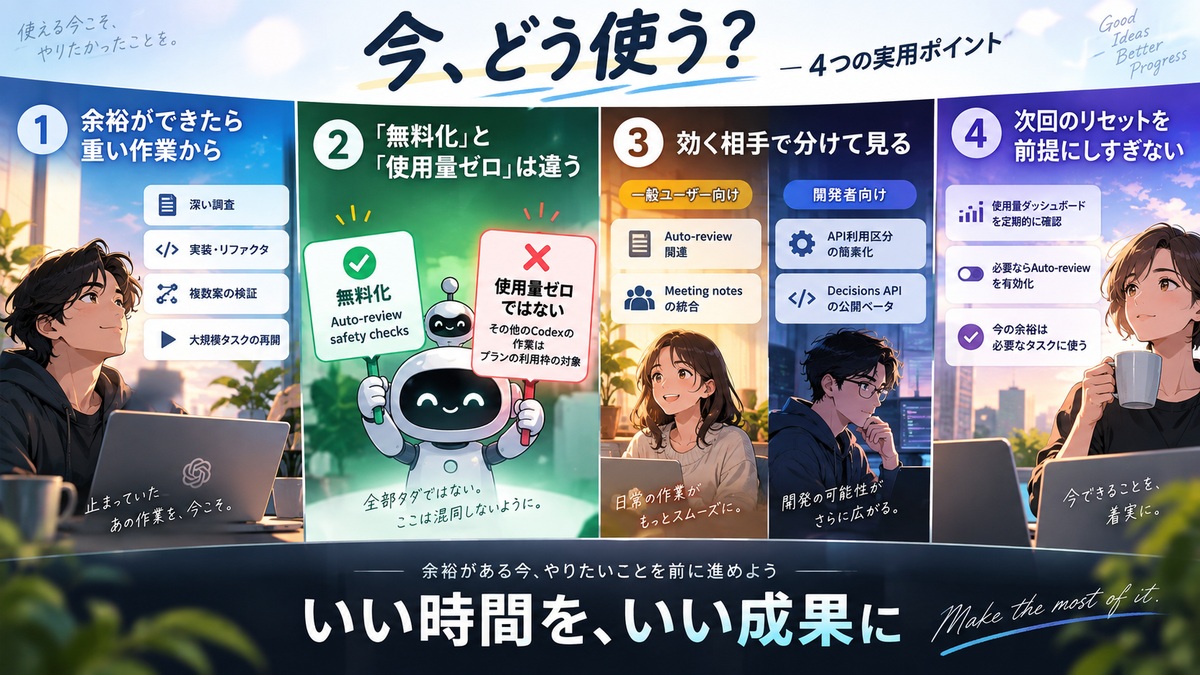 重い作業の再開、安全確認の無料化と利用枠の区別、対象別の改善、次回リセットを前提にしない4つの実用ポイント