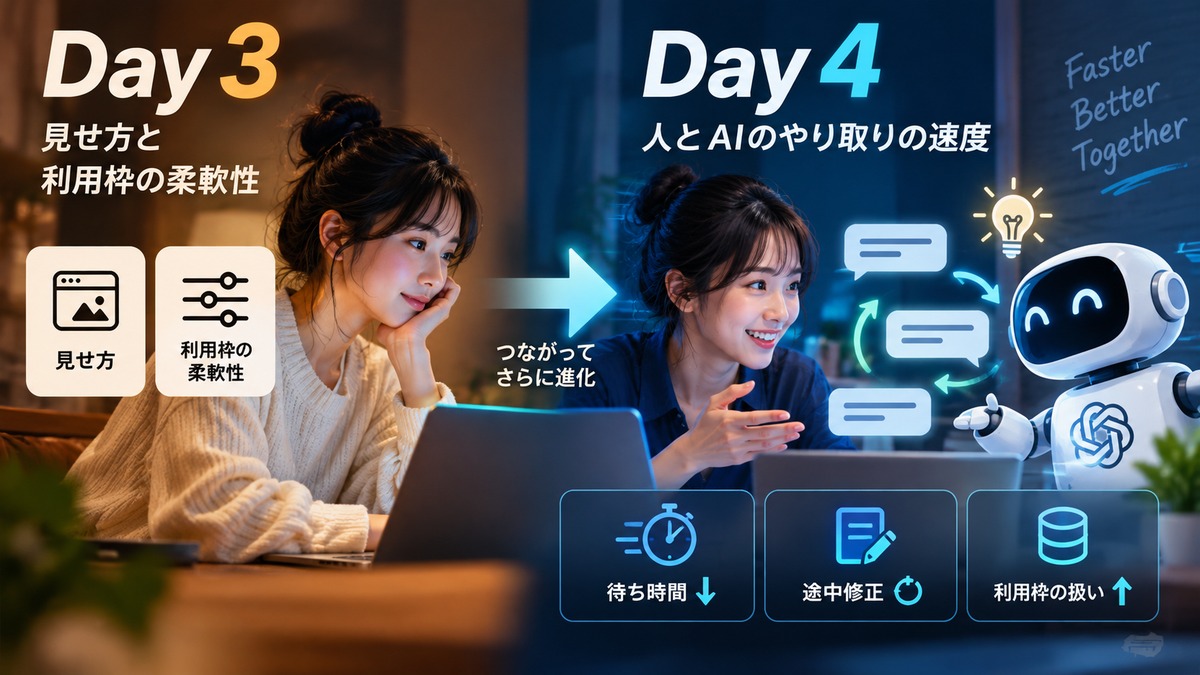 Day 3の見せ方と利用枠の柔軟性からDay 4の人とAIのやり取りの速度へつながる概念図