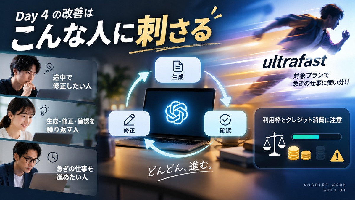 途中修正と生成・修正・確認を繰り返す人向けの改善とultrafastの利用条件を示す概念図