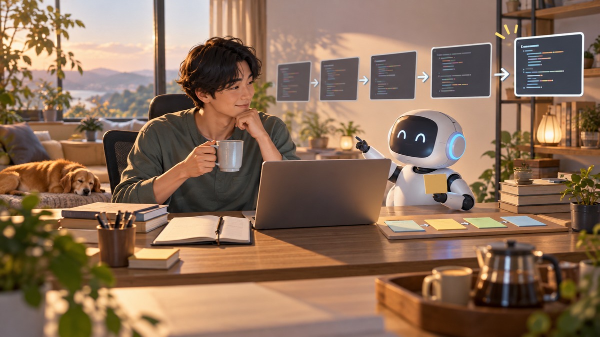 人とAIが生成・修正・確認を繰り返して仕事を進める文字なしの概念画像