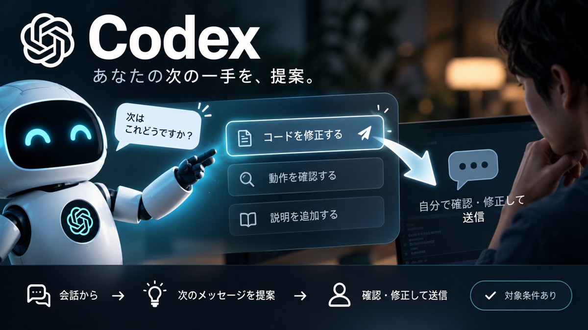 会話から次のメッセージを提案し、人が確認・修正して送信する仕組みの概念図