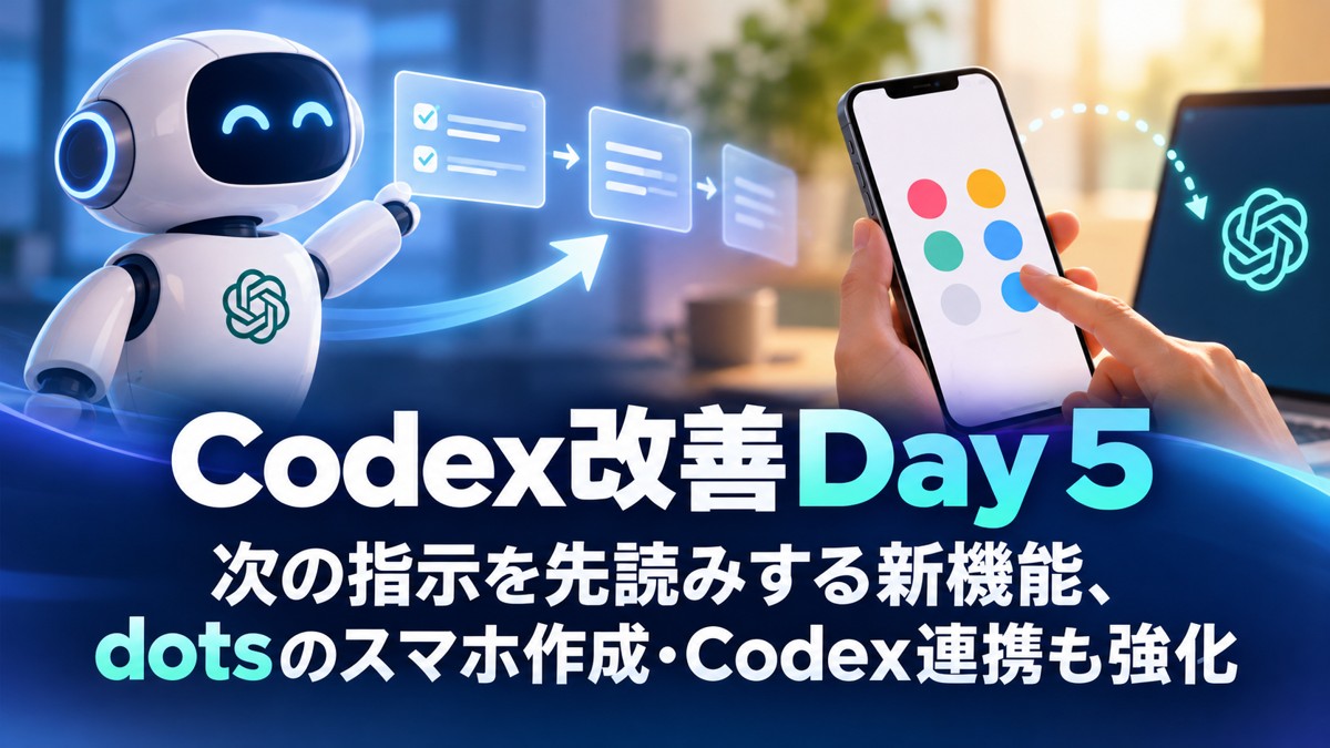 Codex改善Day 5の入力予測とdotsのスマホ作成・Codex連携を表すアイキャッチ