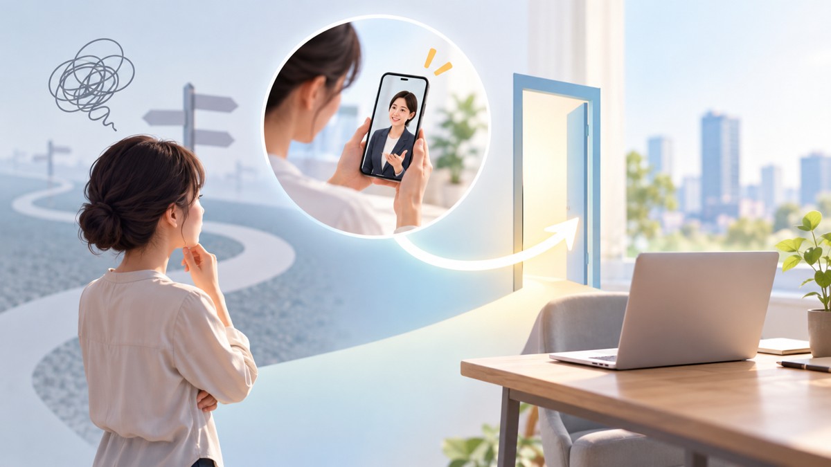 次の指示に迷う人がスマートフォンの相談をパソコンの仕事につなぐ概念画像