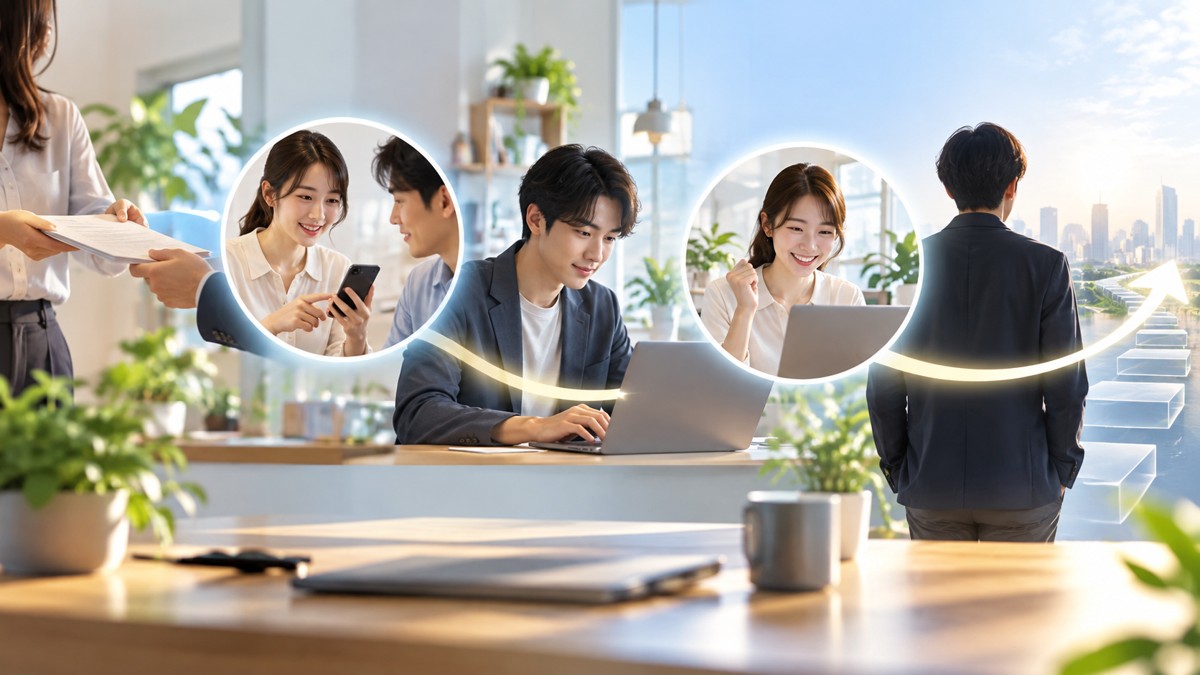 小さな仕事を引き継ぎ、人が結果を確認して次の一歩を選ぶ概念画像