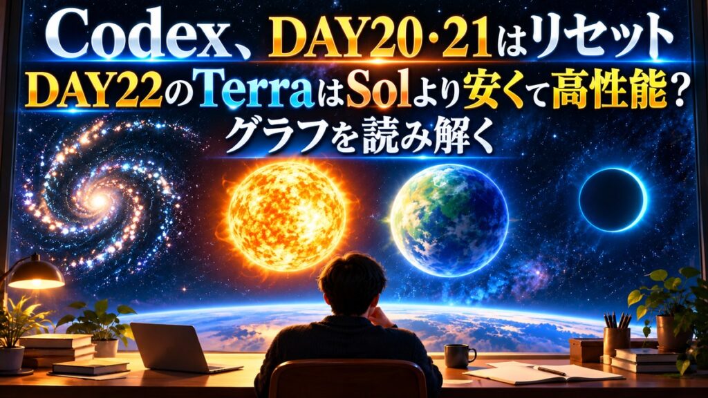 CodexのDAY20・21のリセットと、DAY22のTerraとSolの性能・費用比較を伝えるアイキャッチ