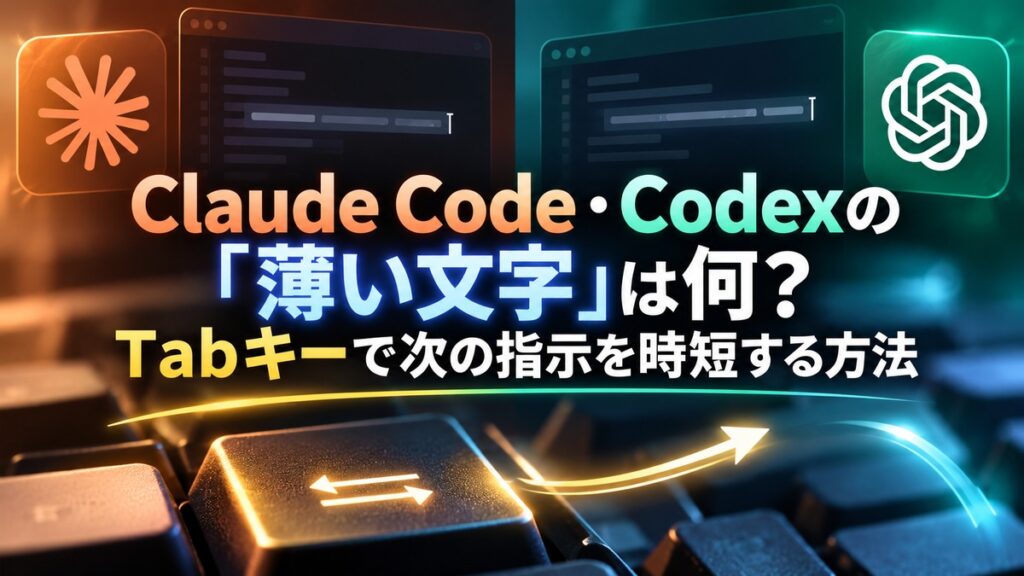 Claude Code・Codexの「薄い文字」とTabキーによる入力候補の採用を表す概念イラスト