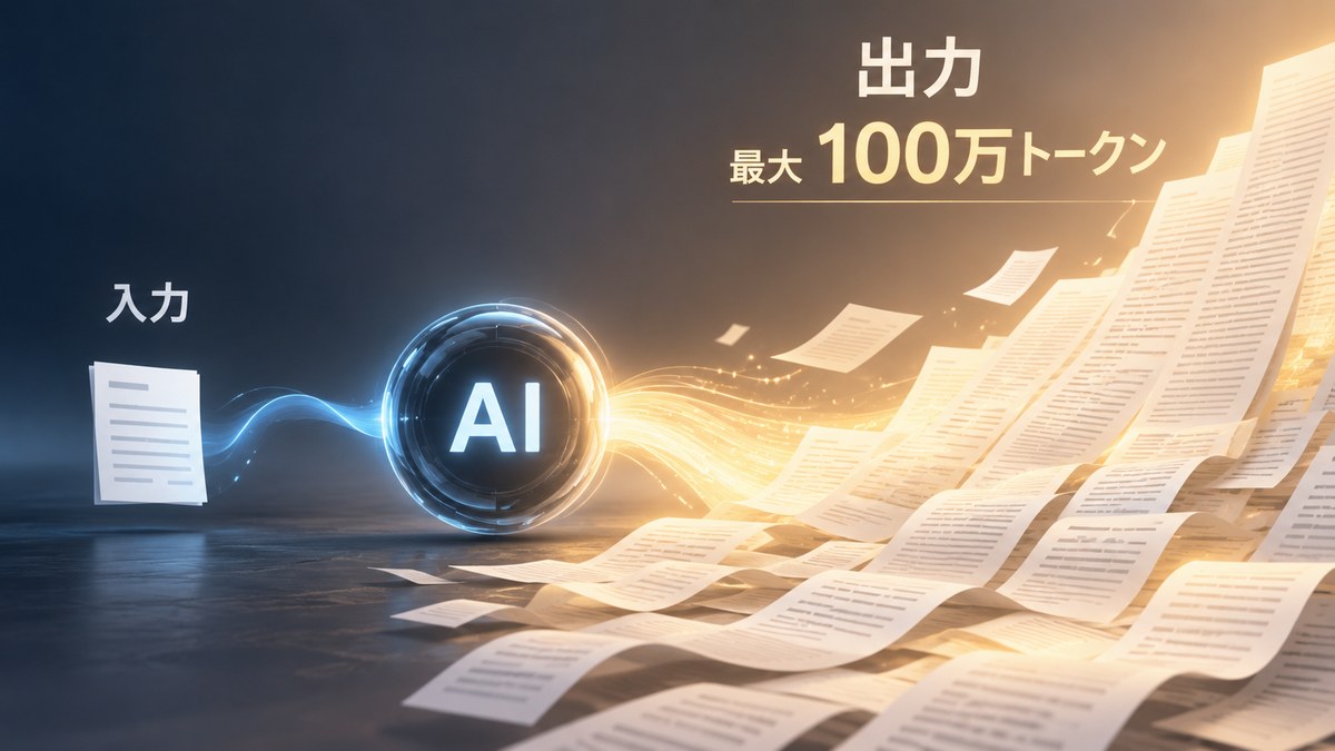 AIに渡す短い入力と、長い文章を生成する出力の違いを示すイメージ