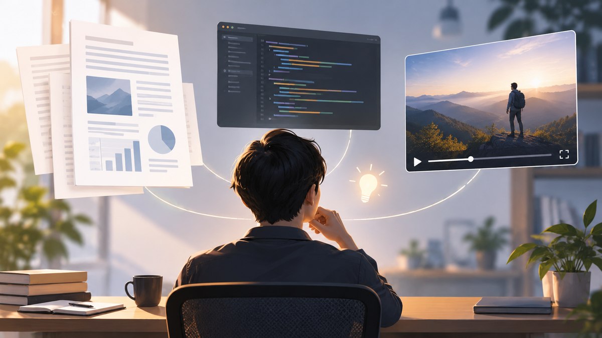 記事、コード、動画資料を人が確認して使い方を考えるイメージ