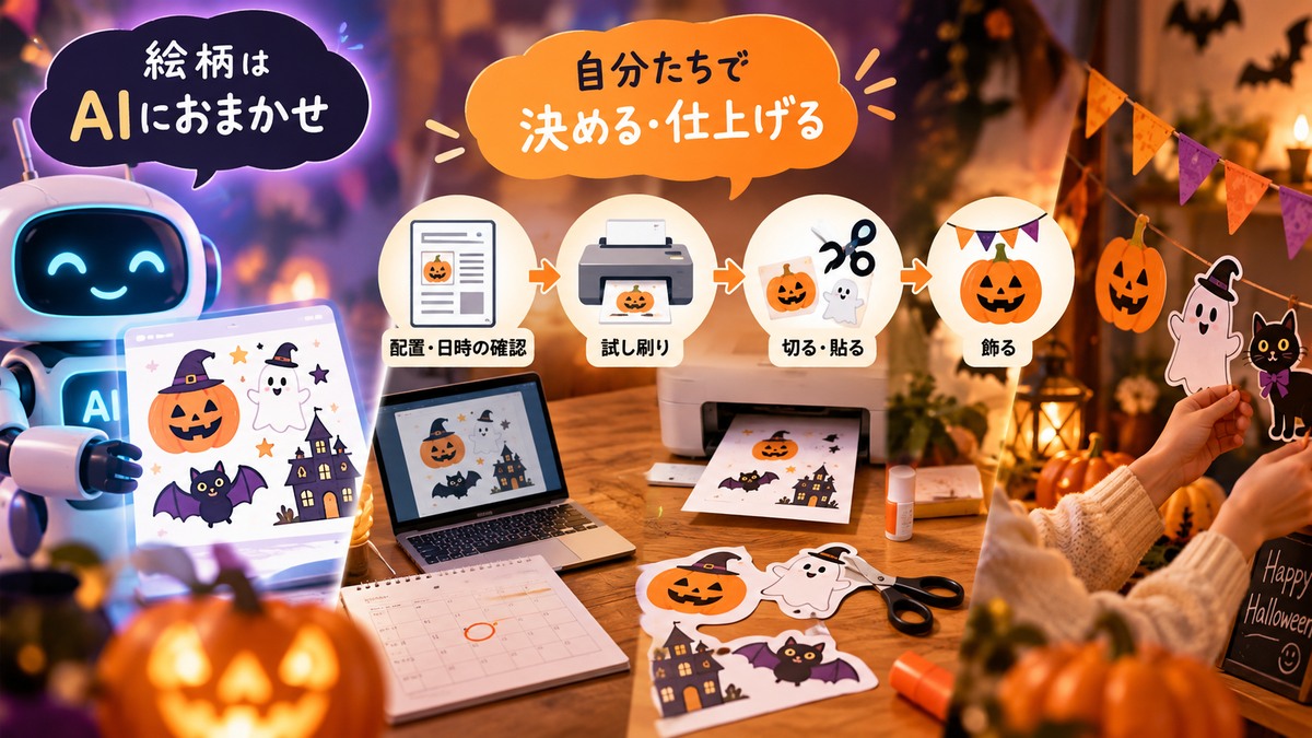 AIに任せる絵柄づくりと、自分たちが担当する配置・日時確認・試し刷り・工作