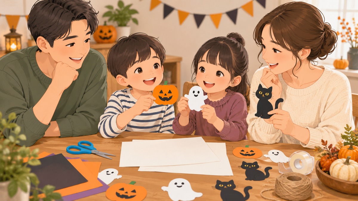 ハロウィーンの紙工作に使う絵柄を親子で選ぶイメージ