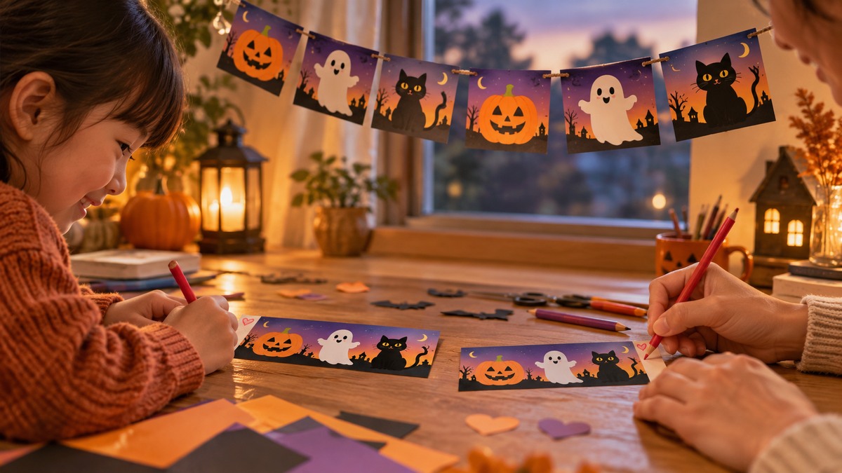ハロウィーンのガーランドを飾り、親子で招待状に手描きのひと手間を加えるイメージ
