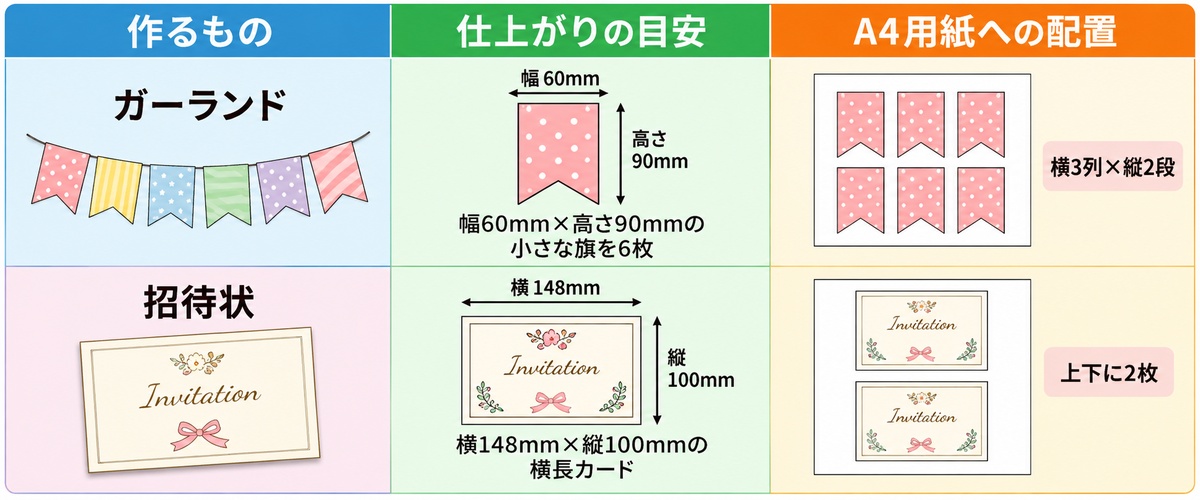 制作の寸法とA4への配置の目安