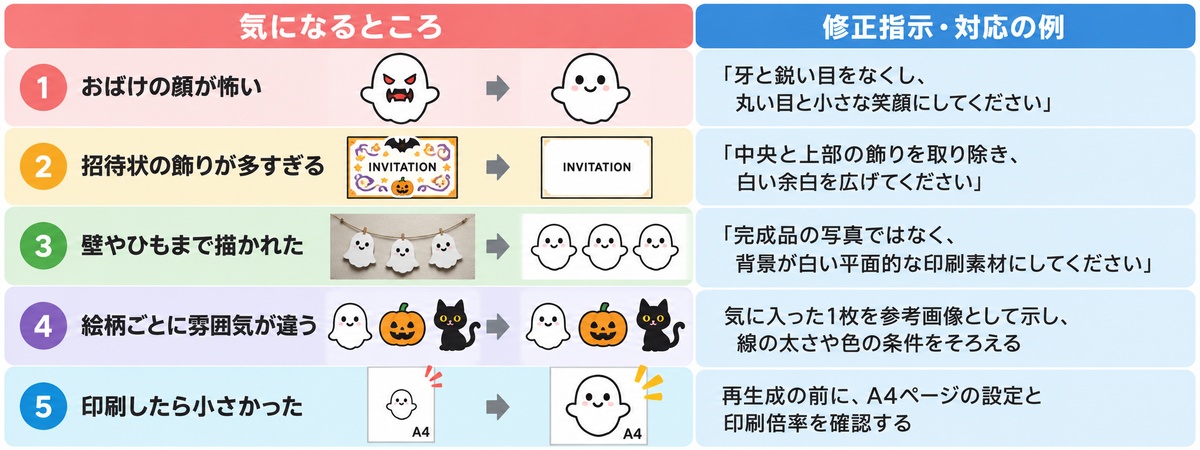 絵柄と印刷の問題に応じた修正指示・対応の例