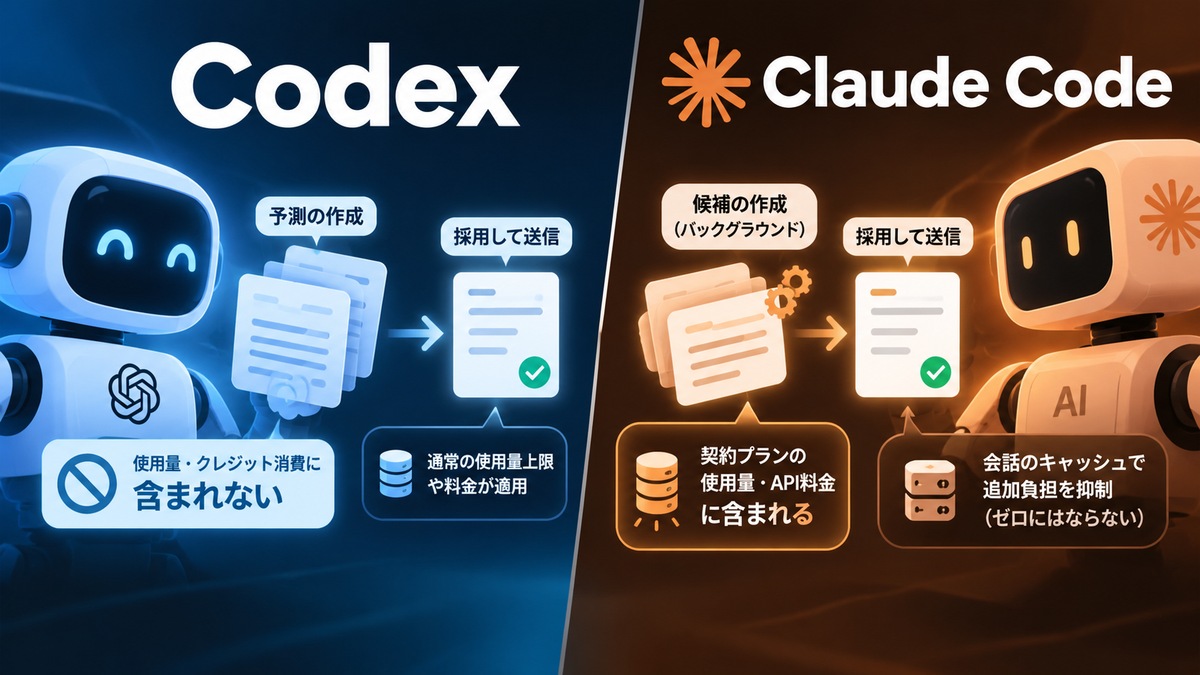 CodexとClaude Codeの候補作成時の使用量と送信後の処理を区別する概念図