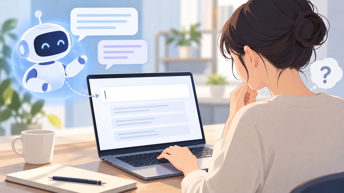 AIとの会話後に表示された入力候補を前に、キーボードへ手を置いて考える利用者の概念イラスト