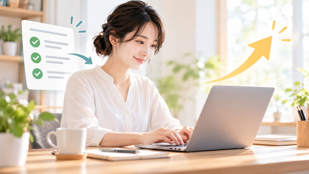 AIへ送る指示を確認し、キーボードで次の作業へ進む利用者の概念イラスト